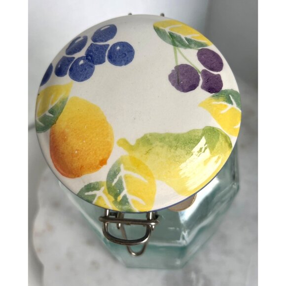Hexagon Glass Storage Jar Made in Italy Fruit-Patterned Ceramic Hinged Lid - Picture 2 of 9